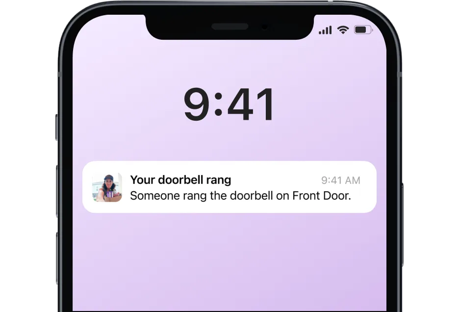 A smartphone showing a notification that your doorbell rang and displaying additional details that someone rang the doorbell on Front Door.