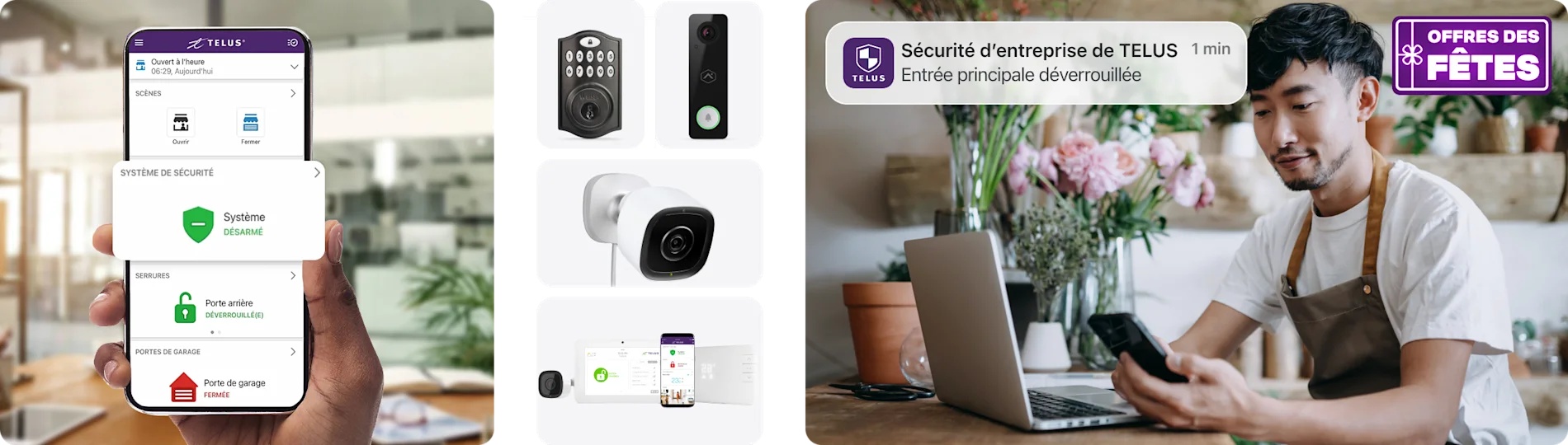 Téléphone présentant l'application Sécurité d'entreprise de TELUS. Pastille indiquant « Offres des Fetes ».