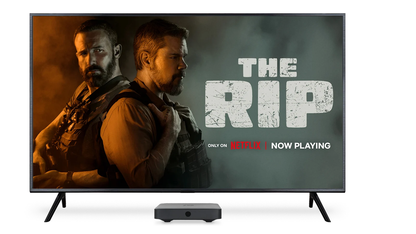 An image showing the Netflix show: The Rip on a 4k TV screen with a TV Box on the foreground.