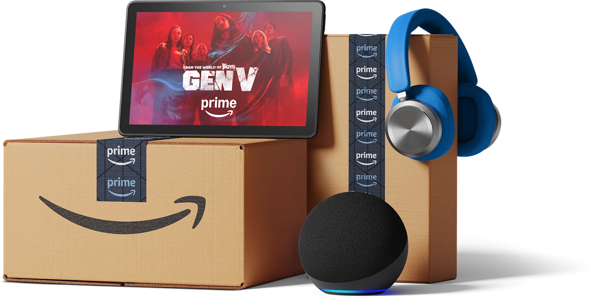 Amazon Prime shipping boxes, headphones and a video screen are shown