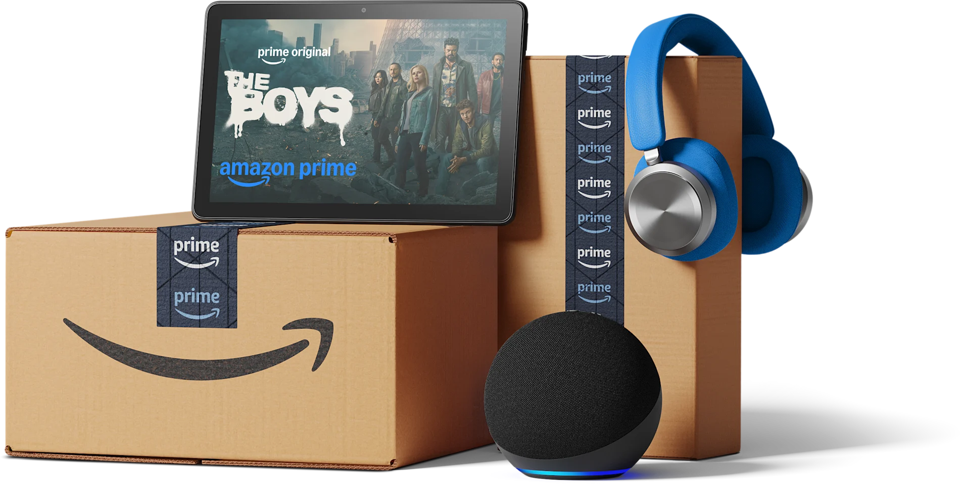Amazon Prime shipping boxes, headphones and a video screen are shown