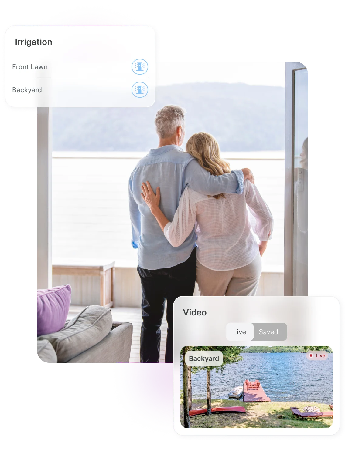 A couple looking out their patio doors, shown next to icons illustrating the remote control of lawn irrigation and a video feed of a lakehouse backyard.