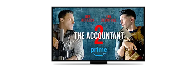 A TV screen shows a poster for The Accountant 2 on Amazon Prime.