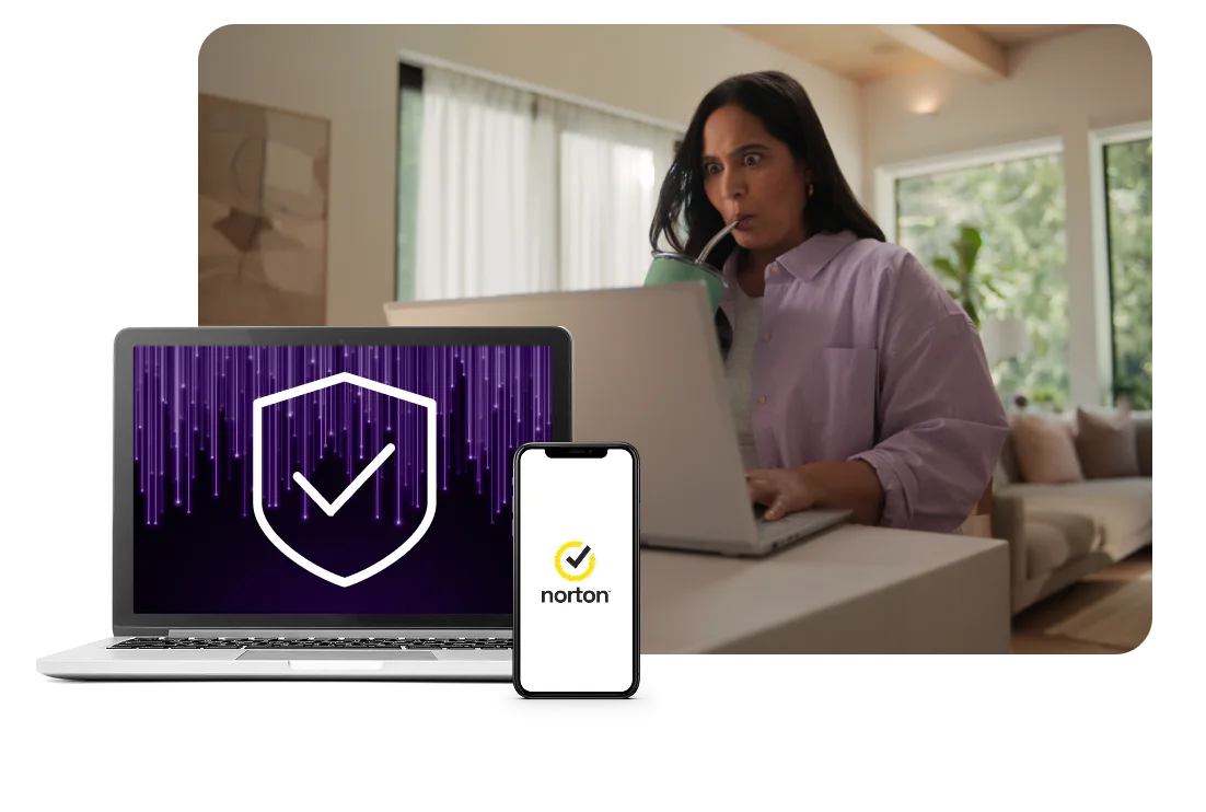 A laptop and smartphone next to an image of a woman on her laptop.