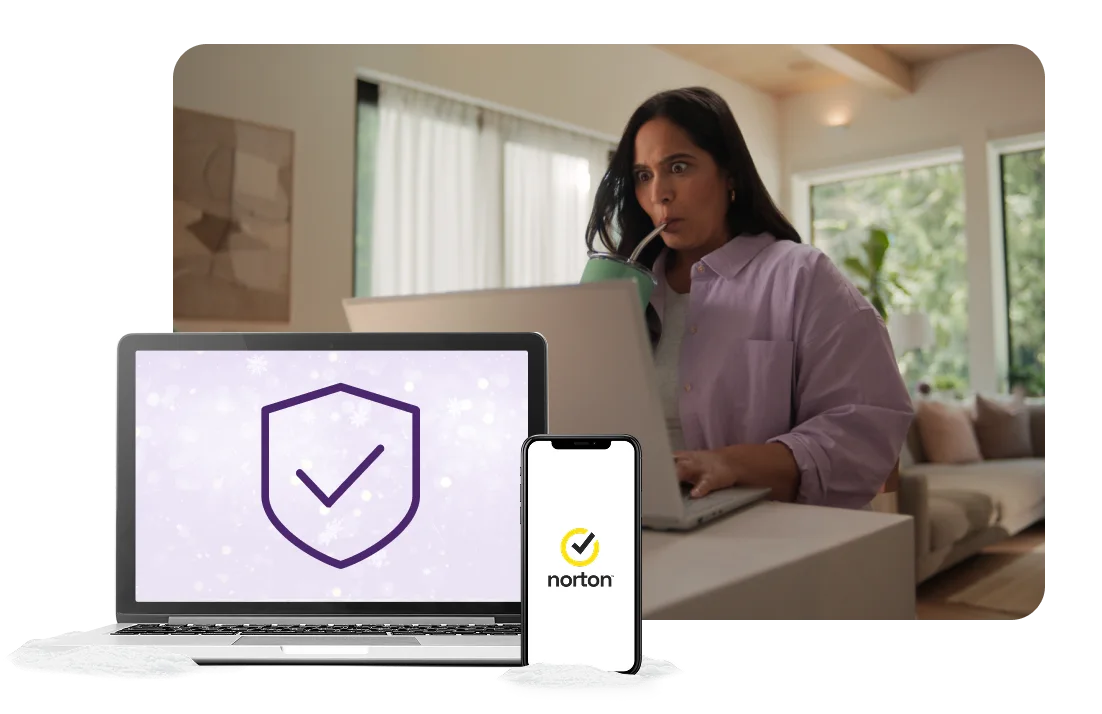 A laptop and smartphone next to an image of a woman on her laptop.