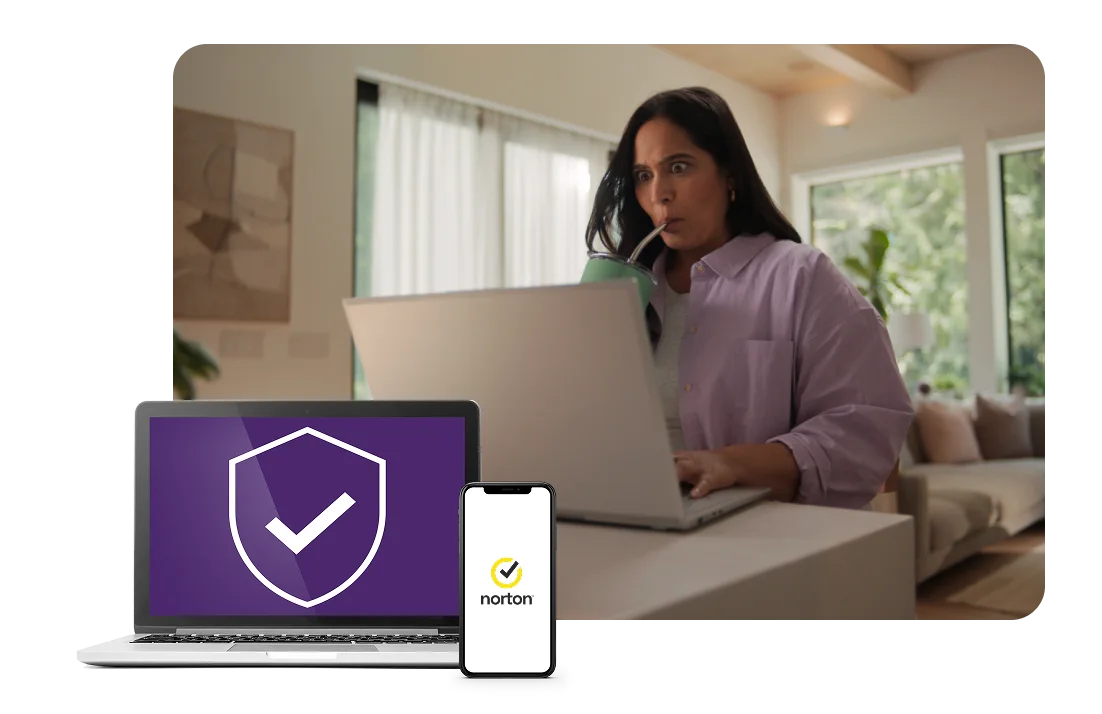 A laptop and smartphone next to an image of a woman on her laptop.