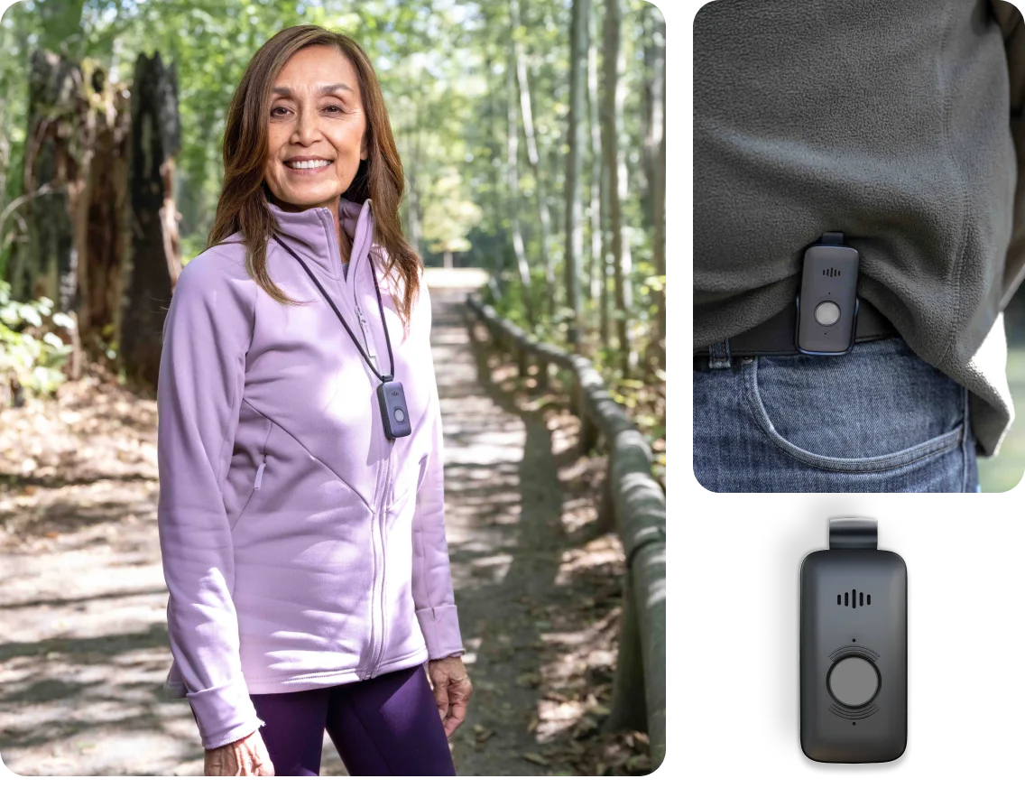 Femme active portant un collier détecteur de chute TELUS Health sur un sentier forestier