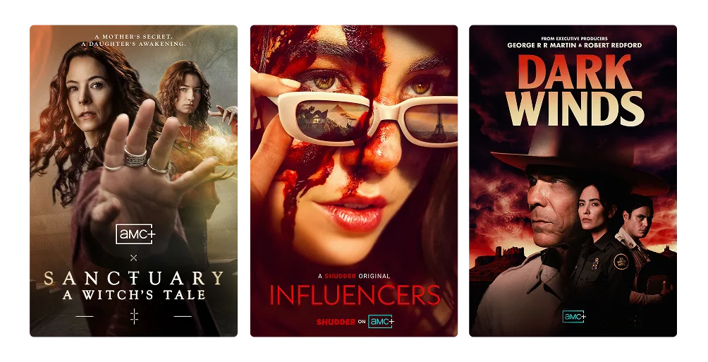 Three posters: Sanctuary: A Witch’s Tale, Influencers, and Dark Winds.