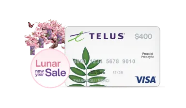 A TELUS Visa gift card. To the left, there is a butterfly flying toward a peach blossom tree and a roundel that reads: Lunar New Year sale.