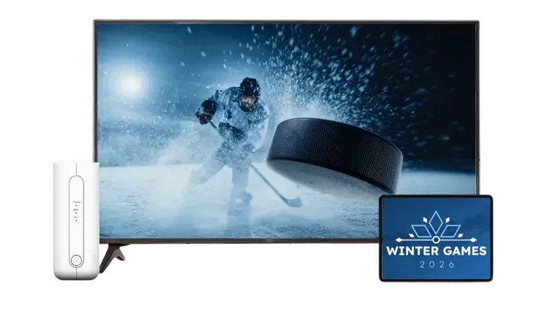 A TV, tablet and TELUS modem. The TV screen displays a hockey player hitting a puck.