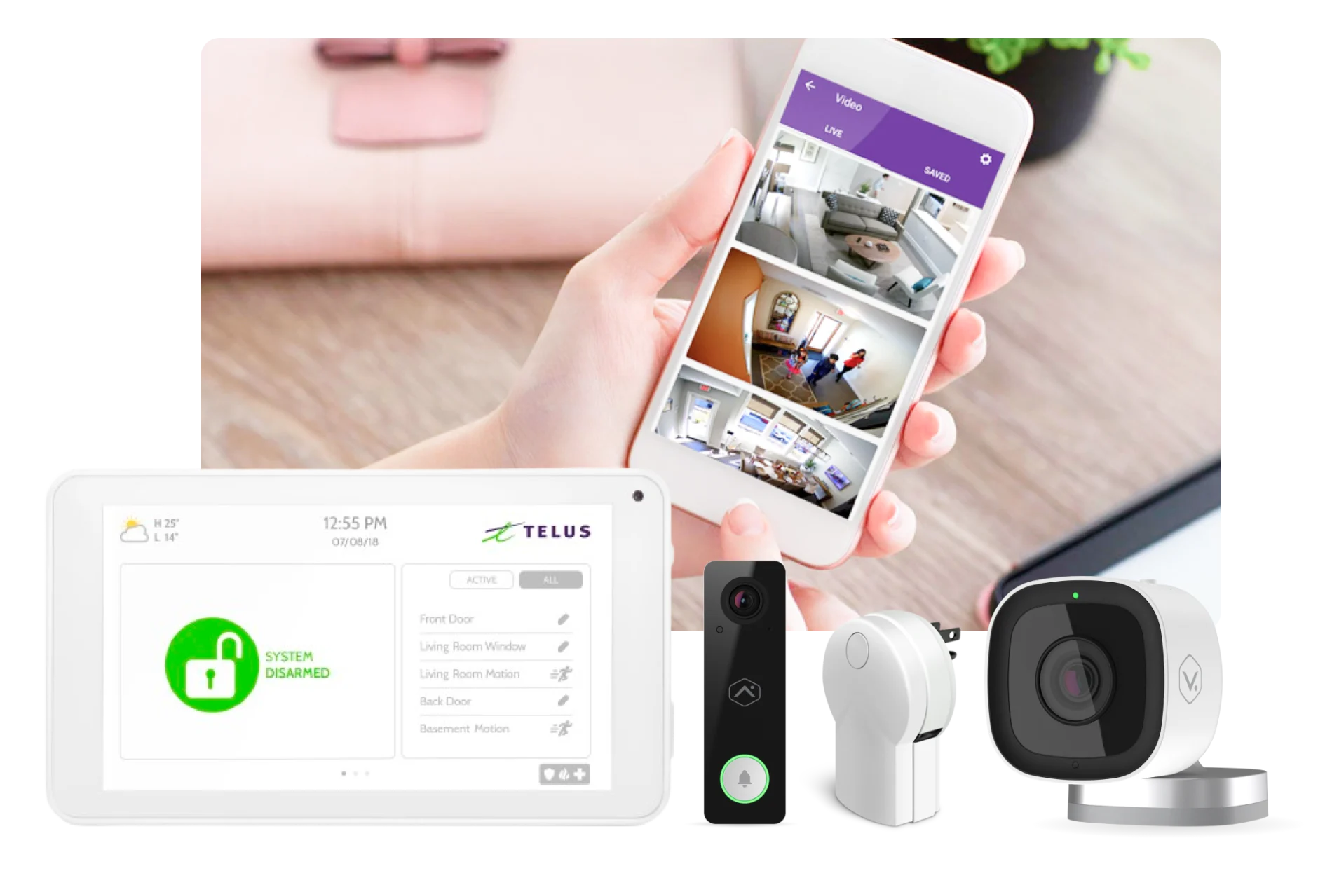 An image showing multiple SmartHome devices and a mobile phone at hand showing camera previews from SmartHome app in the background.