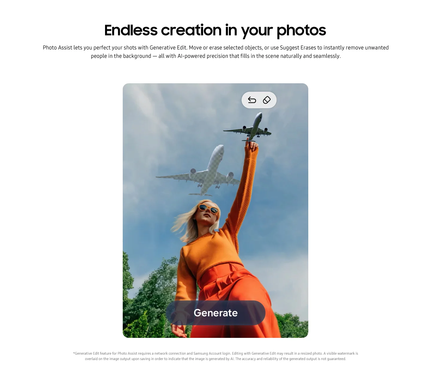 Promotional image for Samsung Photo Assist, highlighting AI photo editing features like Generative Edit for object removal and scene enhancement, shown on a smartphone screen.