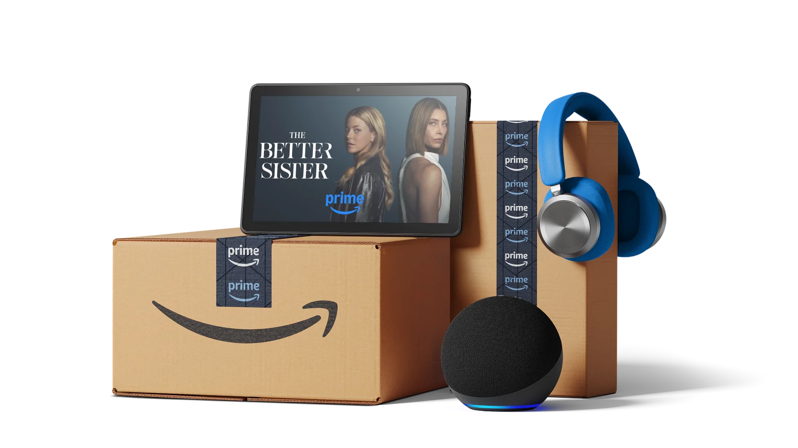 Amazon Prime shipping boxes, headphones and a video screen are shown