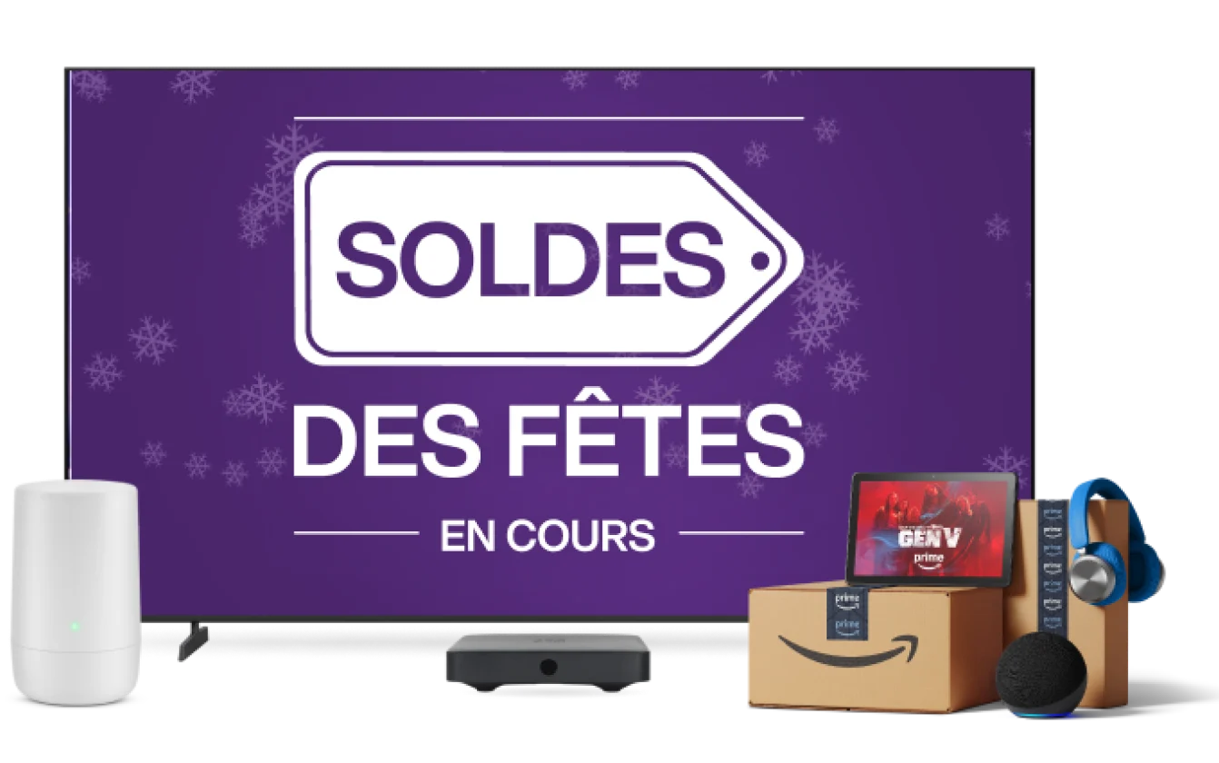 Une télévision, un modem TELUS, une tablette et des colis Amazon. L'écran de télévision affiche le texte « Soldes des Fêtes en cours ».