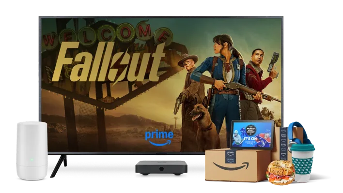 A TV, digital box, TELUS modem, Amazon parcels and a tablet. The TV screen displays the poster for Fallout.