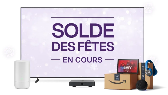 Une télévision, un modem TELUS, une tablette et des colis Amazon. L'écran de télévision affiche le texte « Cyberlundi en cours ».