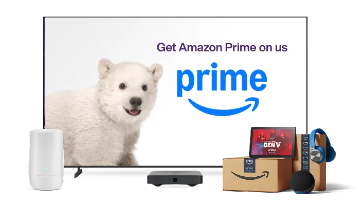A TV, TELUS modem, tablet and Amazon parcels. The TV screen displays a text “Get Amazon Prime on us".