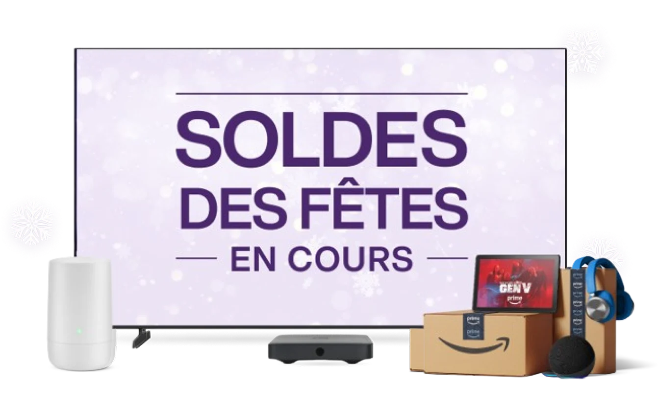 Une télévision, un modem TELUS, une tablette et des colis Amazon. L'écran de télévision affiche le texte « Soldes des Fêtes en cours ».
