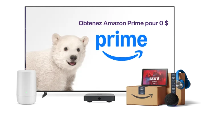 Une télévision, un modem TELUS, une tablette et des colis Amazon. L'écran de télévision affiche le texte « Obtenez Amazon Prime pour 0 $ ».