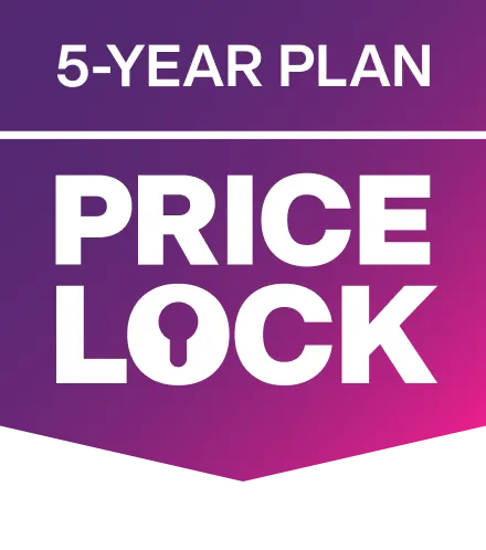 An image featuring the TELUS 5-year Internet rate plan price lock logo in a purple and pink gradient banner.