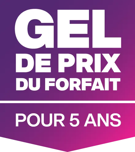 Une image présentant le logo Gel de prix du forfait pour 5 ans de TELUS dans une bannière violette et rose.