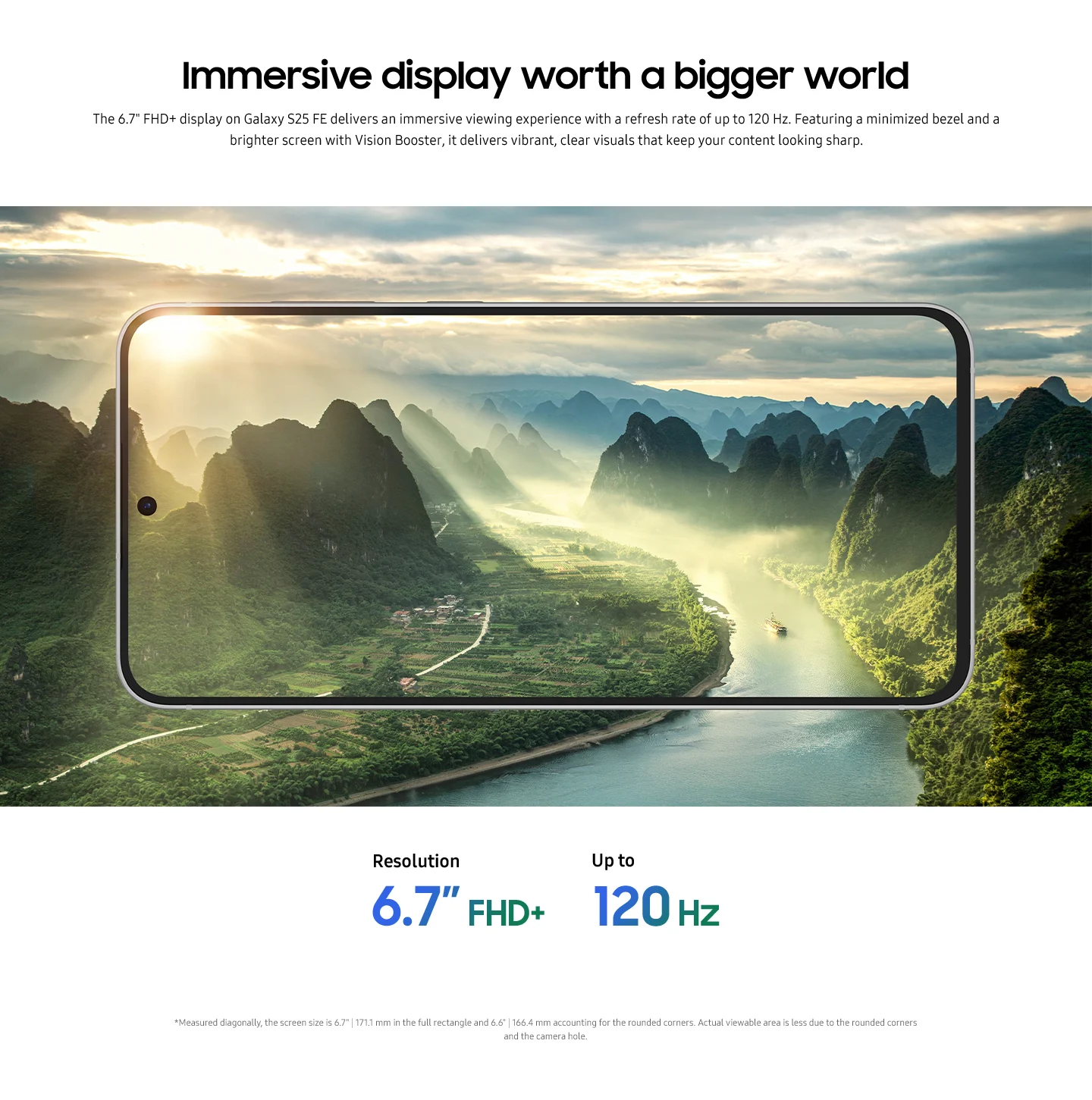 The Samsung Galaxy S25 FE features a 6.7' FHD+ 120Hz display with Vision Booster, offering vibrant, immersive visuals with minimal bezels.