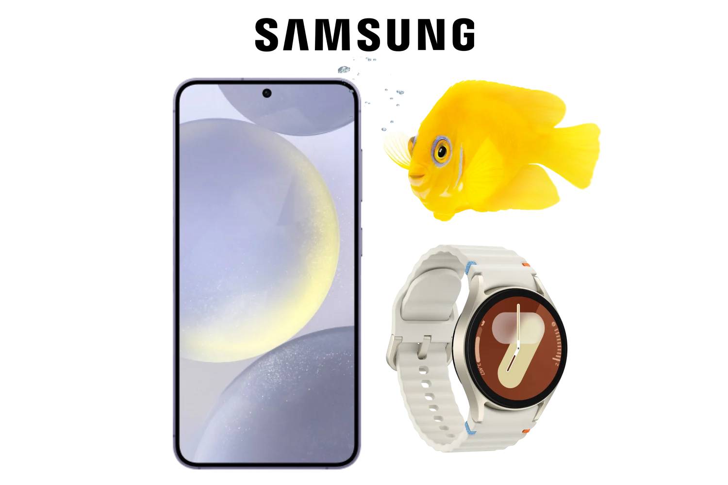 The front view of a Samsung Galaxy S24 beside the Watch7 in Cream with a vibrant yellow fish above it. Above is a logo reading “Samsung”.