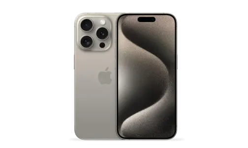 Front and back view of the iPhone 15 Pro Max in Natural Titanium.