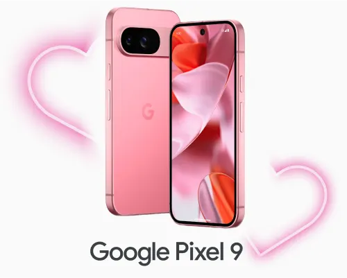 Vues de face et de dos du Google Pixel 9 en rose flanquées de deux cœurs néon.