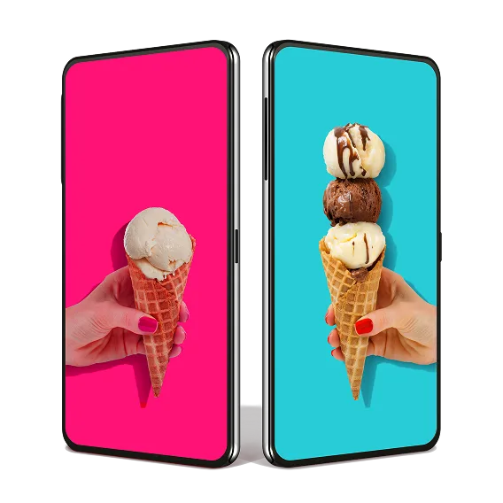 Deux téléphones affichent des cornets de crème glacée : un cornet à une boule, l'autre à trois boules.