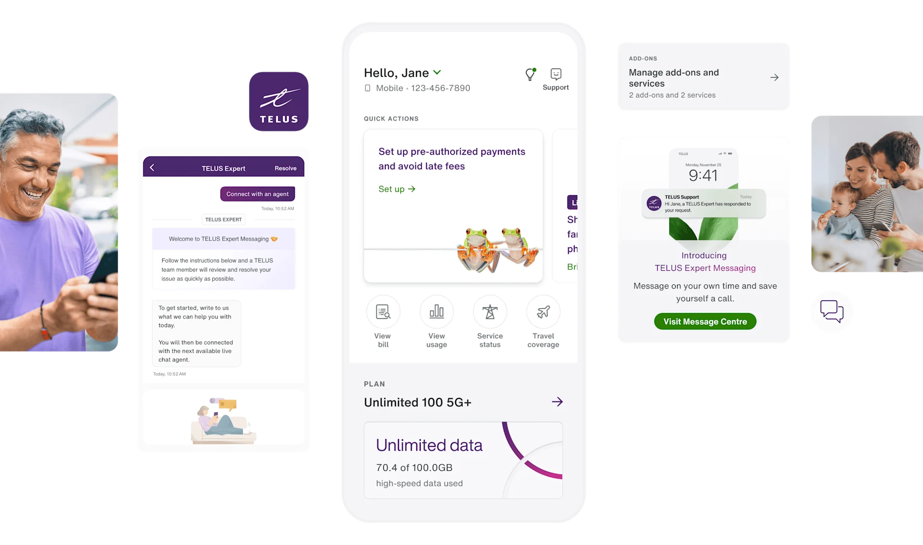 A collage of My TELUS app screens showcasing the ease and convenience of the app.