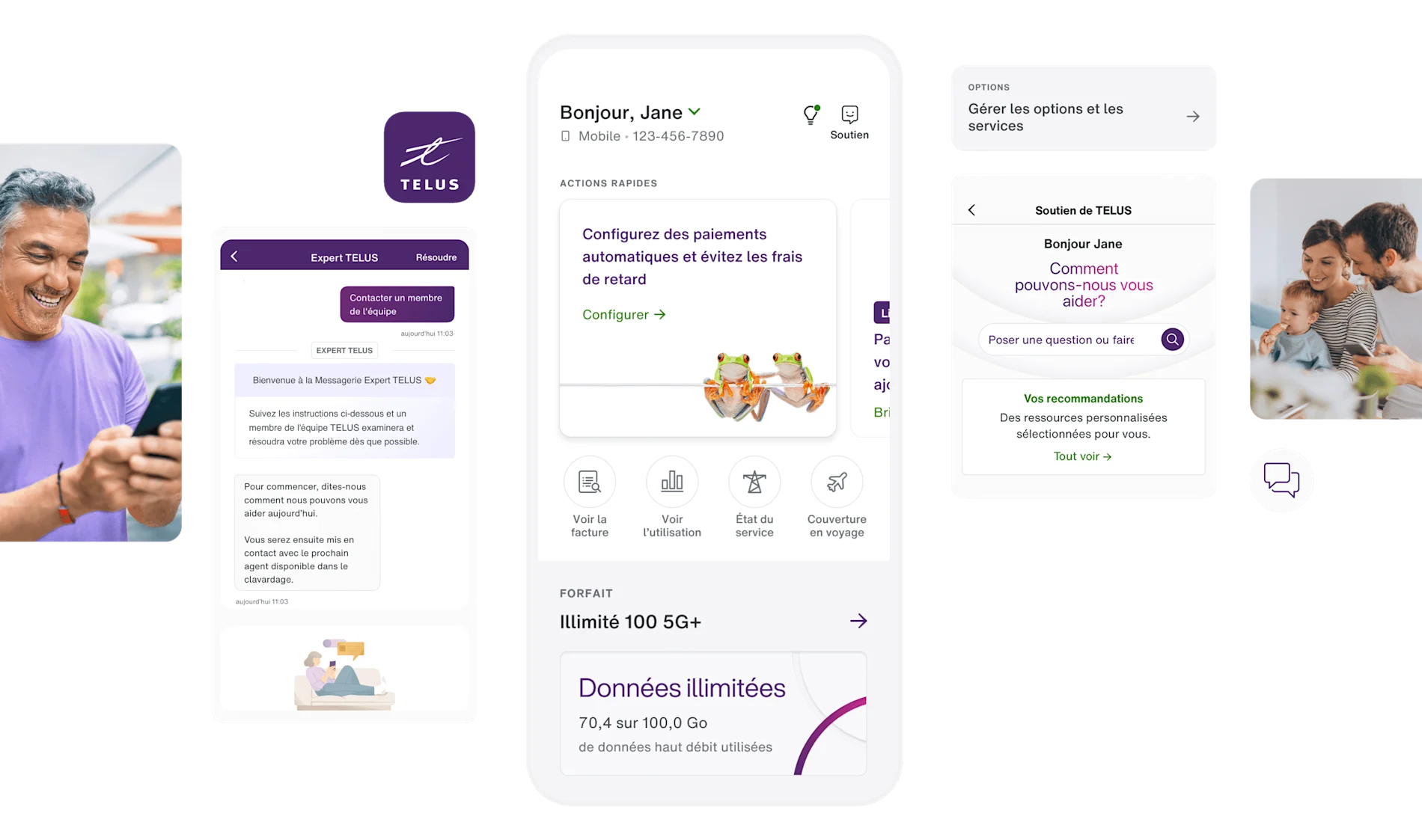 Un collage d’écrans de l’application Mon TELUS illustrant la facilité et la commodité de l’application.
