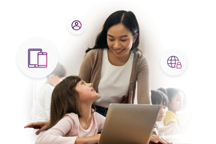 A child using her tablet conversing with a lady. TELUS Icon can also be seen on the background.