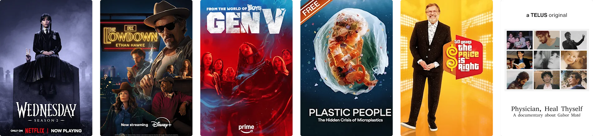 Stream+ features posters for Wednesday, The Lowdown, Generation V, Plastic People, The Price is Right, and Stock.