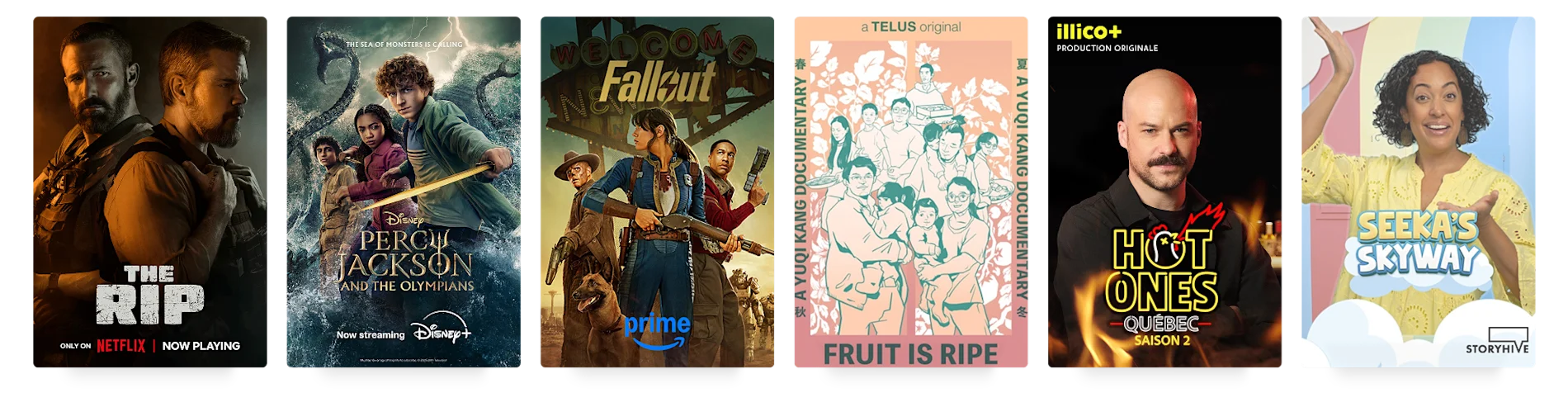 Six posters: The Rip, Percy Jackson and The Olympians, Fallout, Fruit is Ripe, Hot Ones, and Seeka’s Skyway.