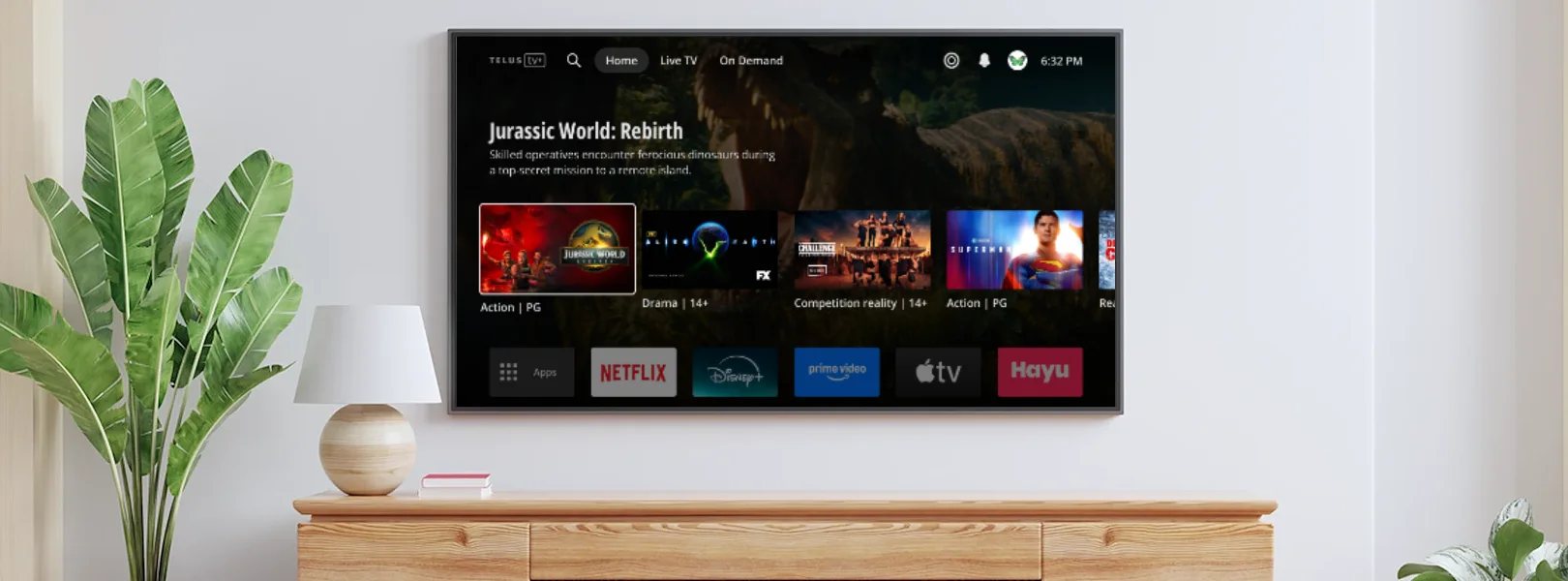 Living room with a wall-mounted TV displaying the TELUS TV home screen that includes shows and various streaming apps, all on one screen.