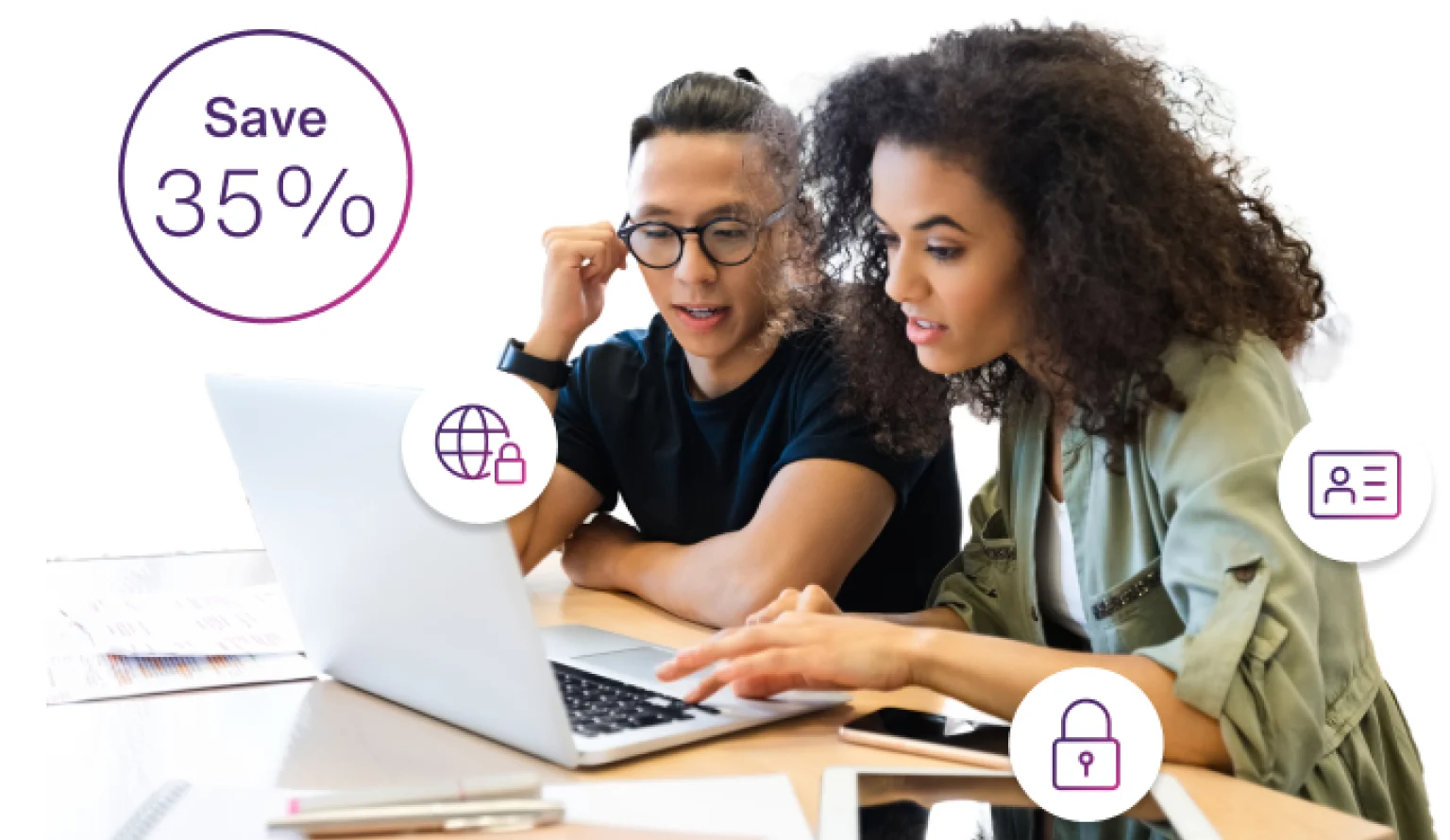 In the image, a young woman and man work on a school project on a laptop. Their tablet rests on the desk. The roundel says "Save 35%."