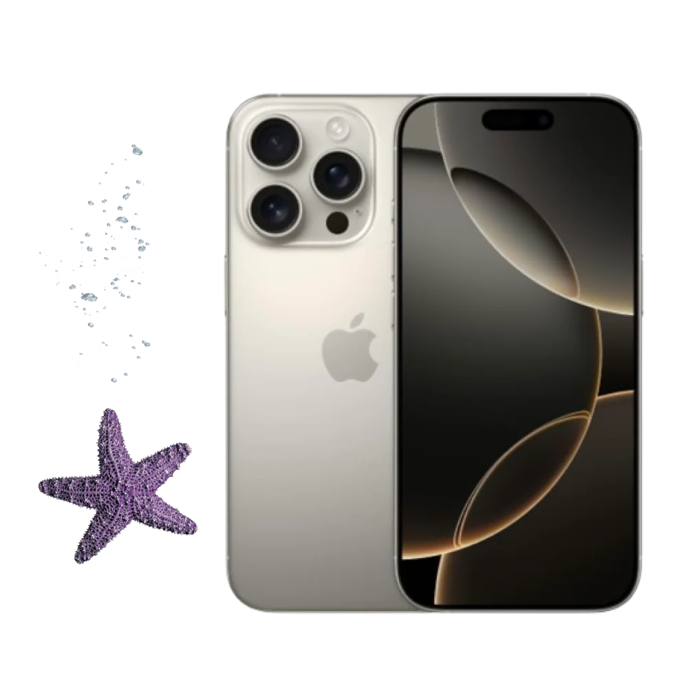 Natural Titanium iPhone 16 Pro shown from front and back views with black screen display, accompanied by purple starfish decoration on light background.