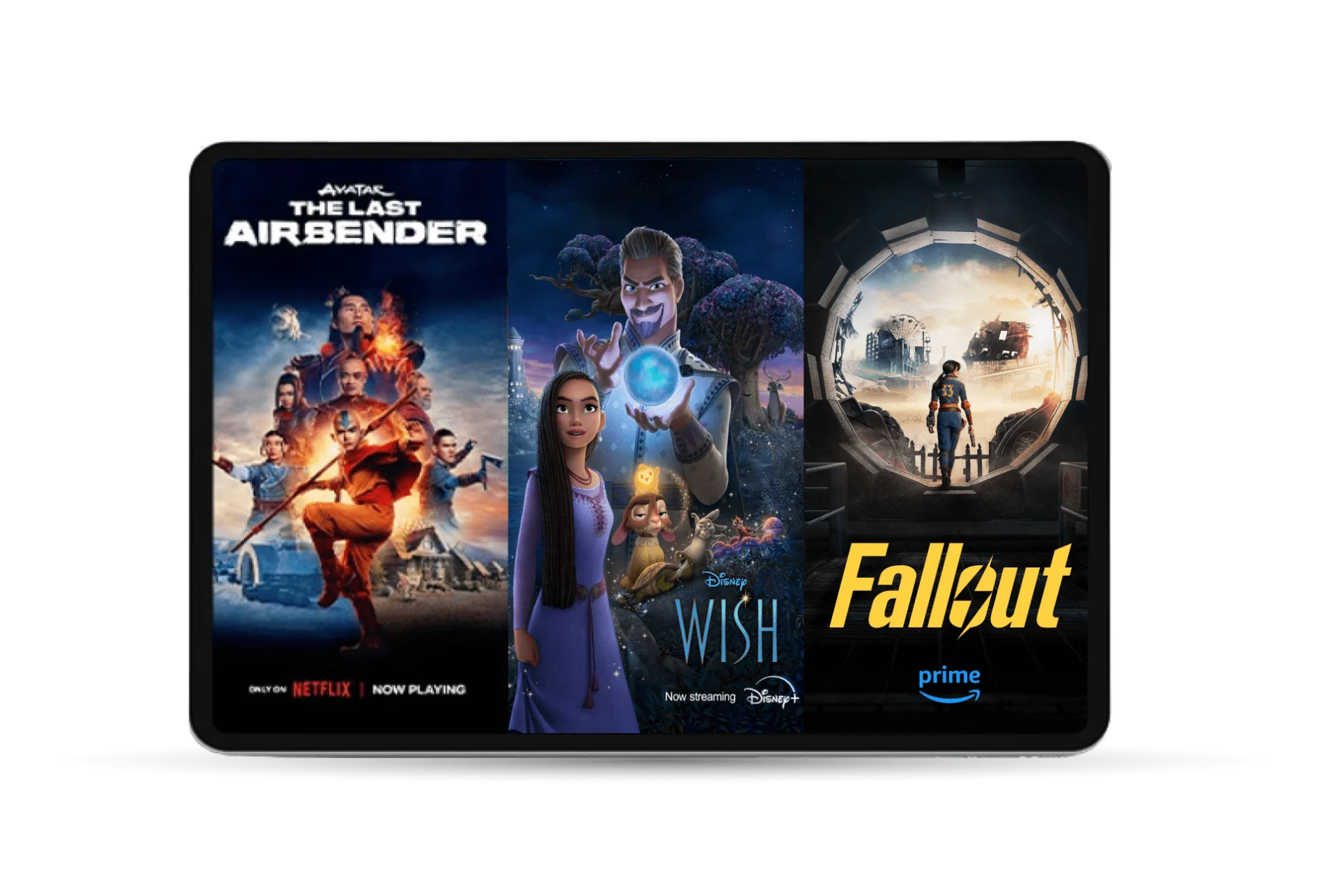 A TV screen that shows Netflix’s Avatar: The Last Airbender, Disney+’s Wish, and Prime Video’s Fallout.
