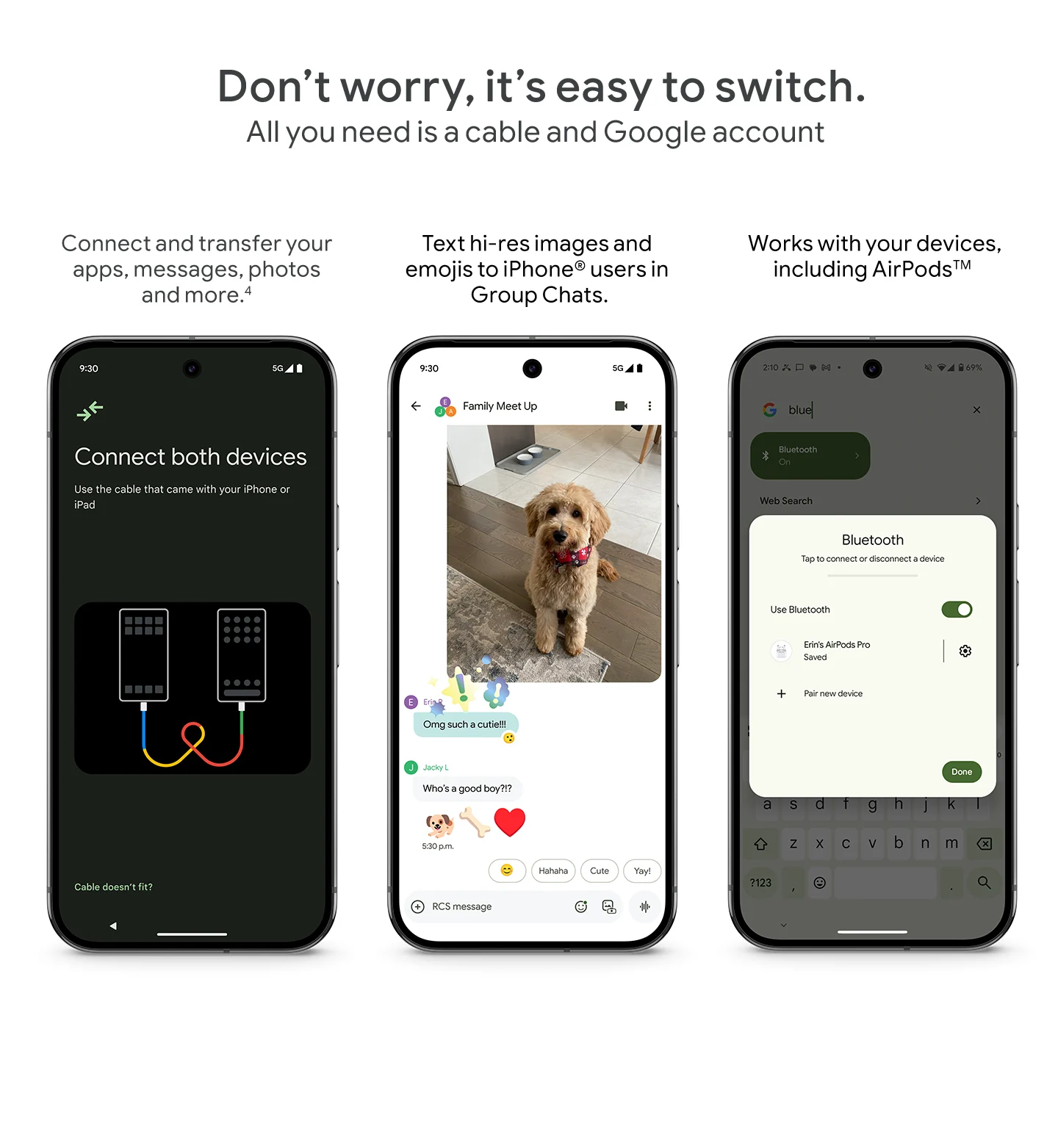 Pixel phone switching features: cable-based data transfer from iPhone using Google account, high-resolution image and emoji sharing in group chats with iPhone users, and compatibility with existing devices including AirPods.