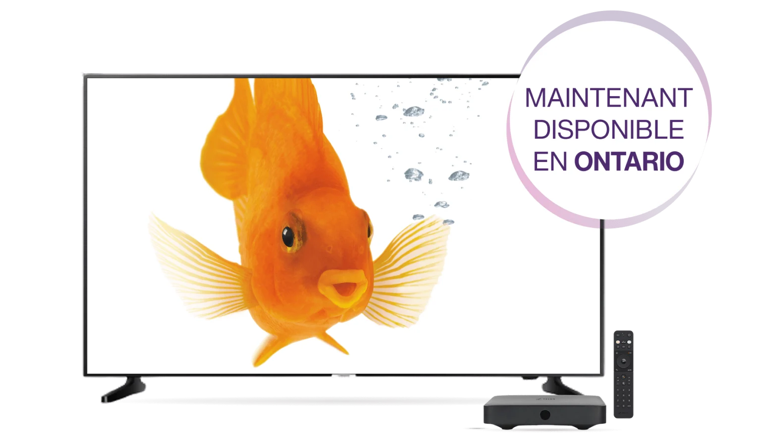 Un écran affichant l'interface TELUS TV avec des affiches de séries populaires. Un médaillon indique : Maintenant disponible en Ontario.