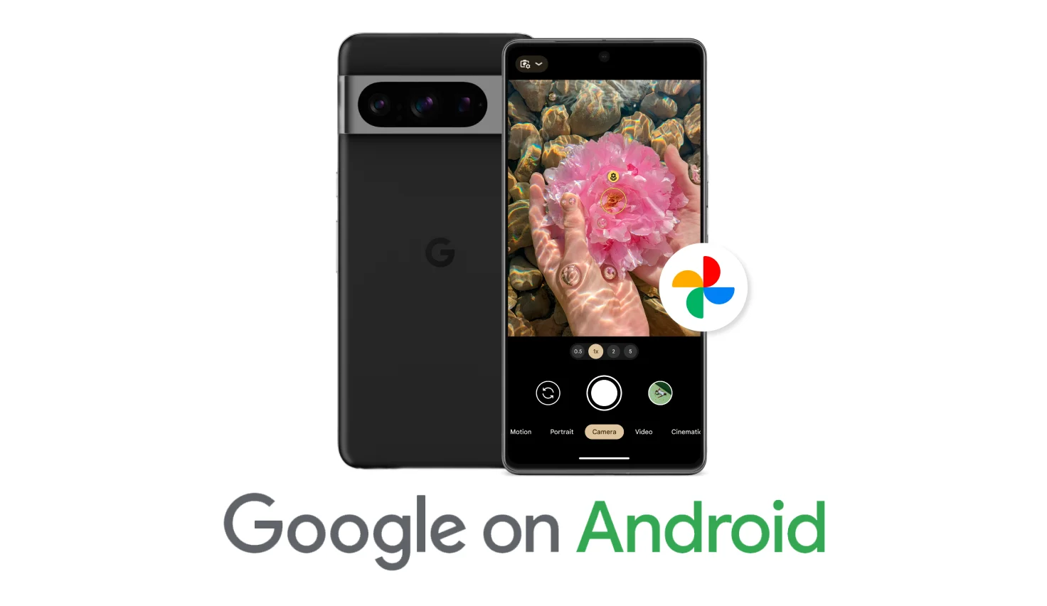 Front and back view of Google Pixel 8 Pro in Black with the words “Google on Android” underneath it. 