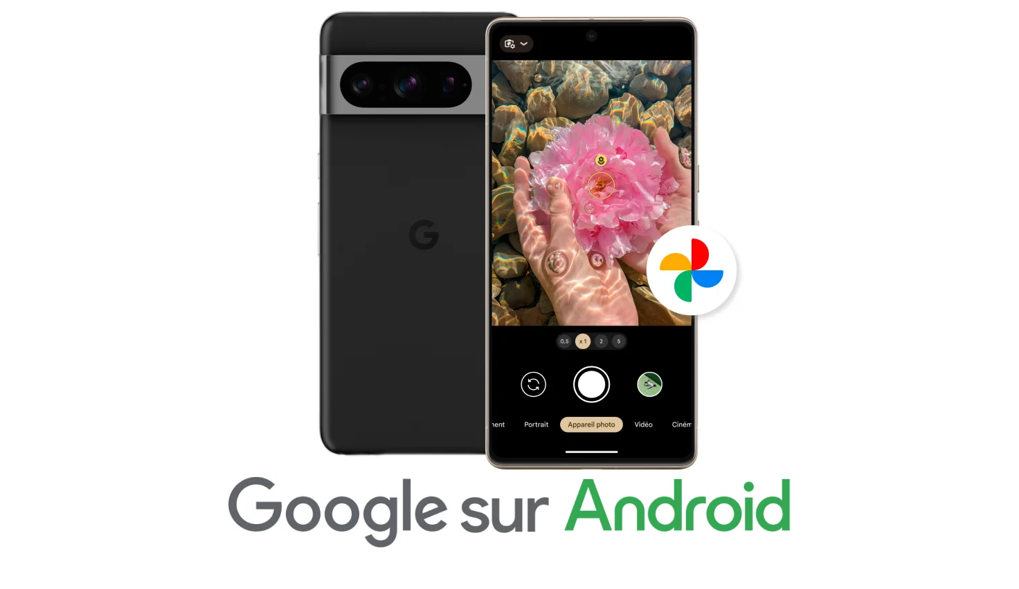 Vue avant et arrière du Google Pixel 8 Pro de couleur noire surmontant la légende « Google sur Android ».