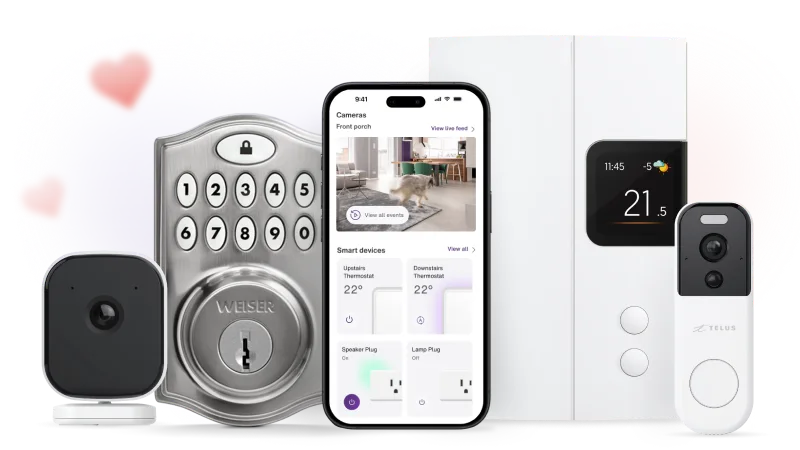 A smartphone surrounded by various smart devices: two security cameras, smart lock, and thermostat.