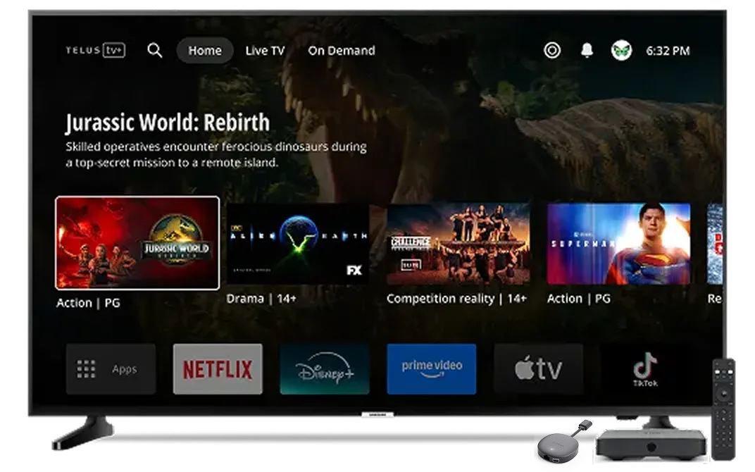 TV with TELUS TV+ interface. It displays recent blockbuster films and several streaming channel logos.