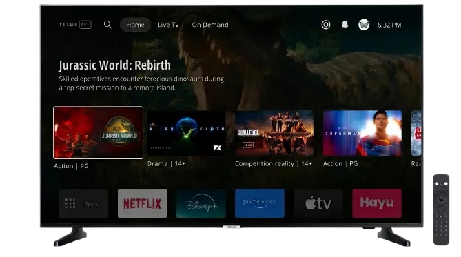 TV with TELUS TV+ interface. It displays recent blockbuster films and several streaming channel logos.