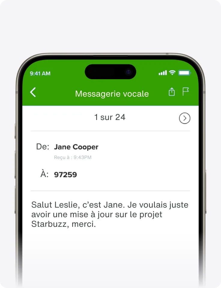 Écran de messagerie vocale dans l’application TELUS Business Connect affichant un message avec transcription.