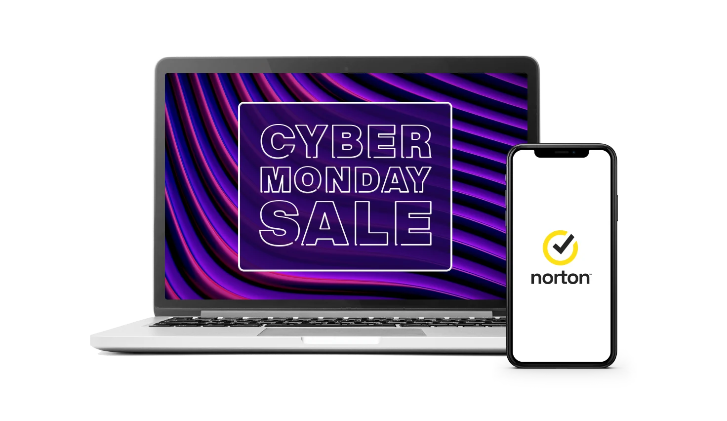 A computer featuring a neon screen reading "Cyber Monday sale" and a phone with the Norton™ logo.