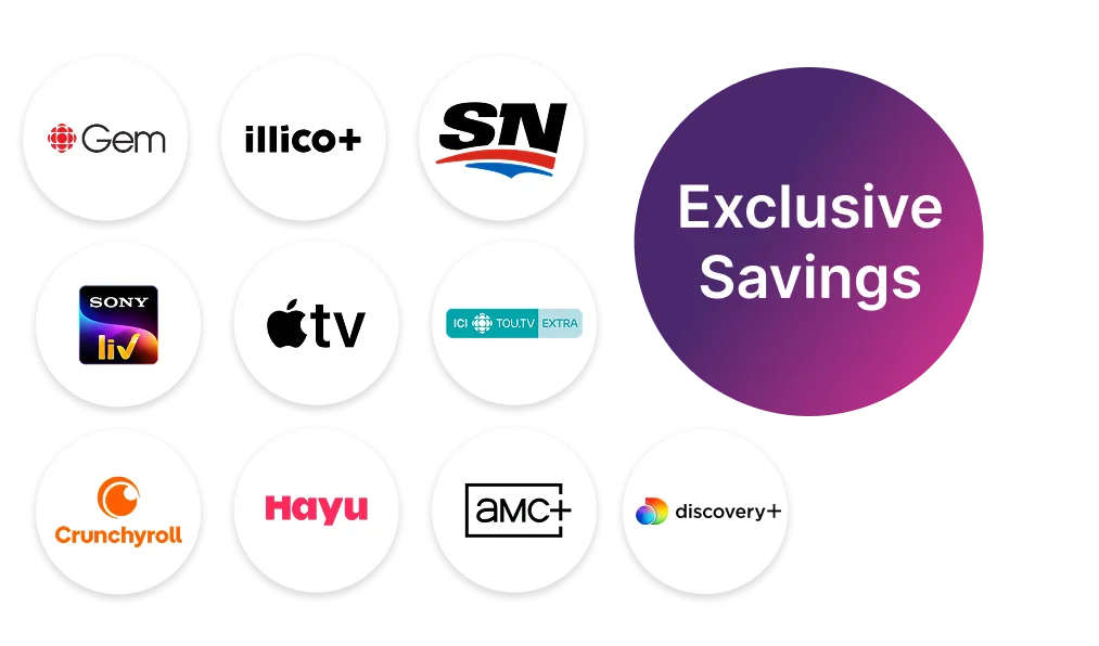 Exclusive savings with Stream+ on services like Youtube Premium, Apple TV+, AMC+, Crunchyroll and more.