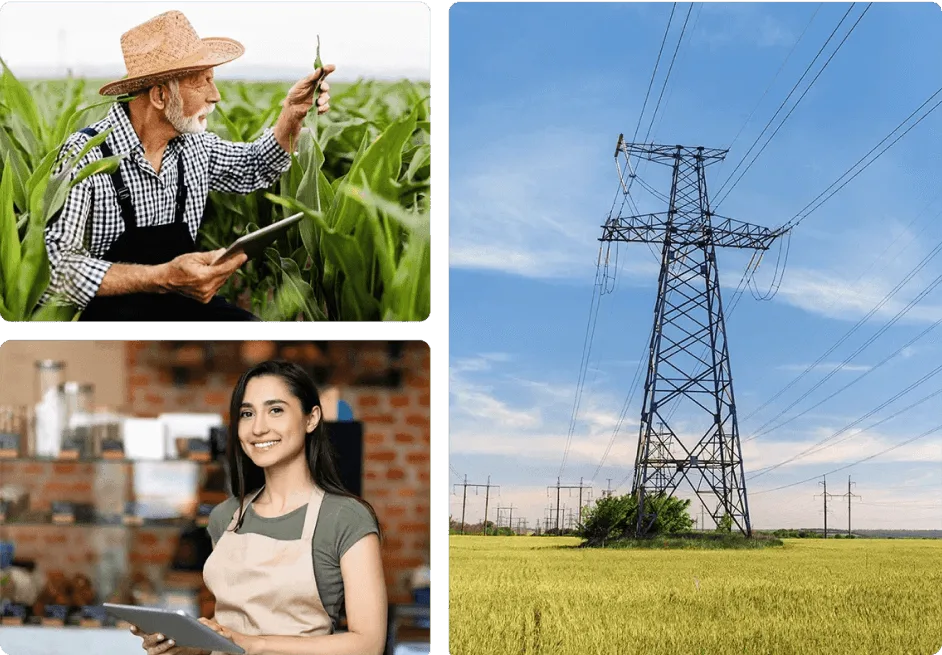 Three images: a farmer using a tablet in a field, a coffee shop owner using a tablet, and power lines running through a field.